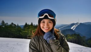 笑顔でスキー場に立つ女性