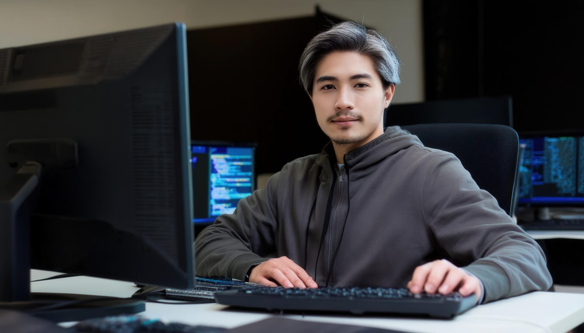 ダークルームで作業する男性プログラマー