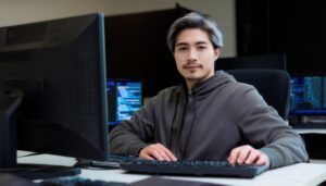 ダークルームで作業する男性プログラマー