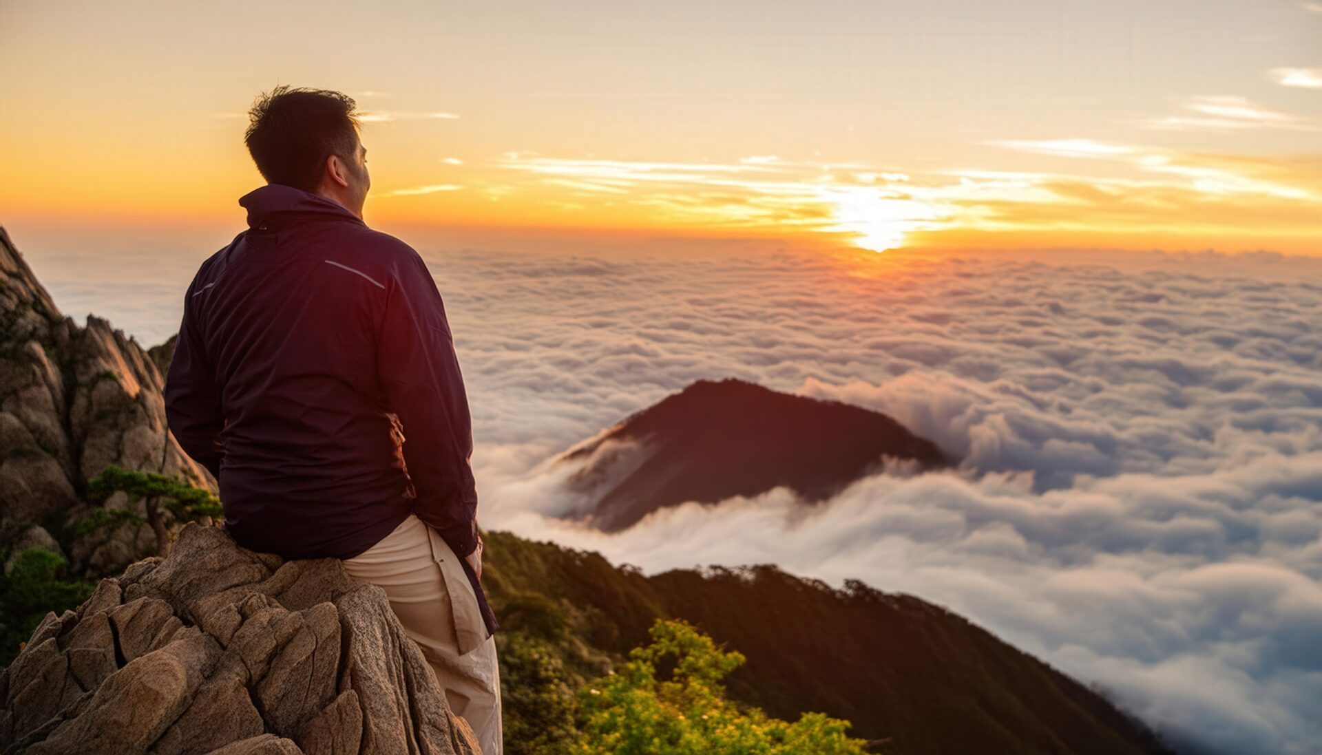 雲海と日の出を背景に山の頂上で景色を眺める男性