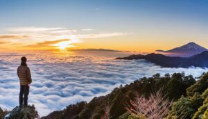 富士山と雲海を背景に夕焼けを眺める男性