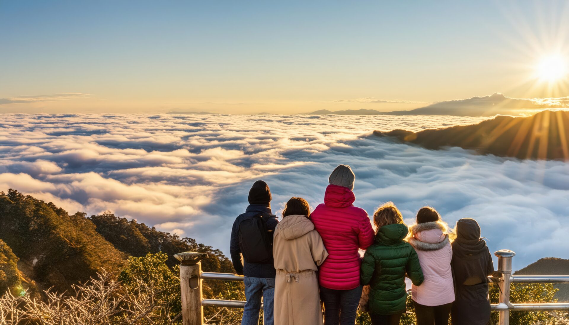 雲海を見渡す展望台にいるグループ