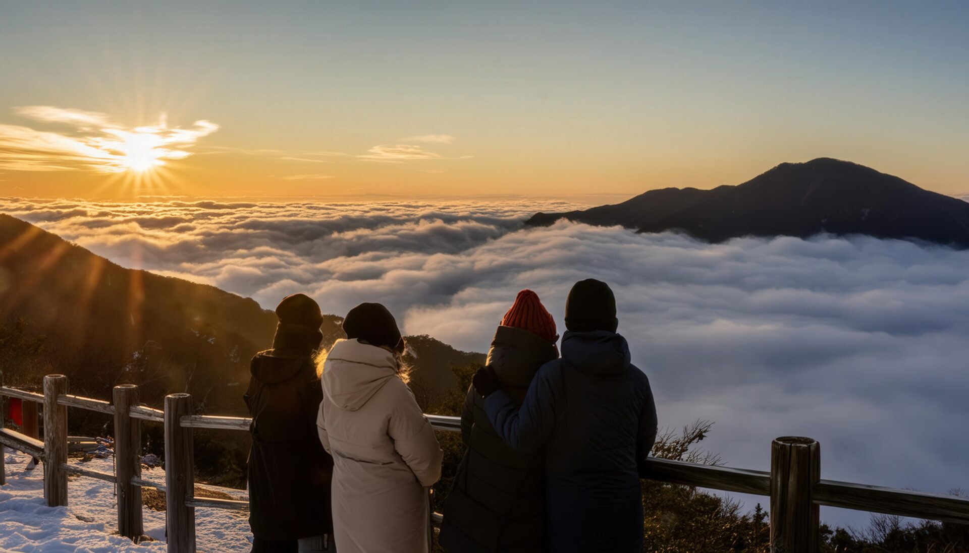 雲海を背景に日の出を眺める人々