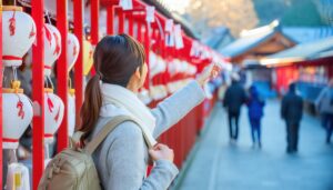 神社の灯籠と参拝する女性