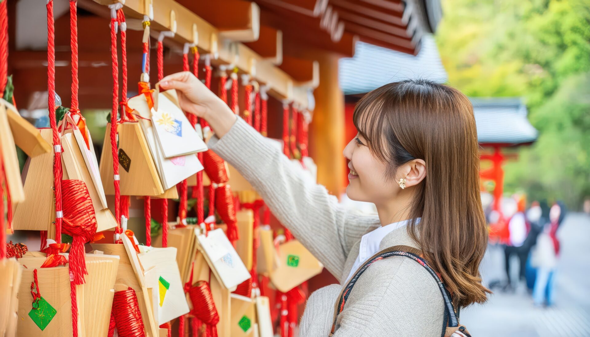 神社の絵馬掛けと絵馬を吊るす女性