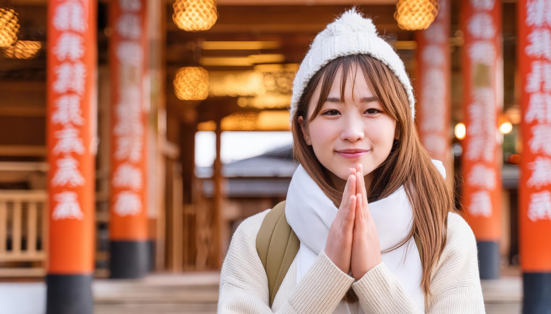 本殿前で祈る女性