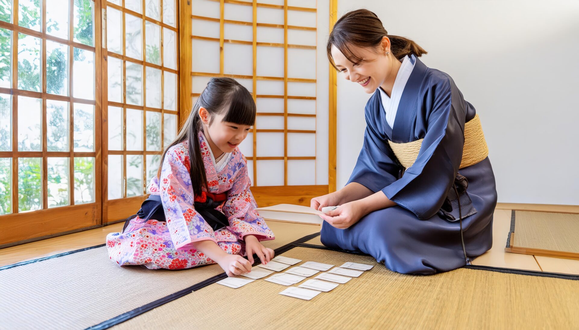 畳の部屋で百人一首を楽しむ親子