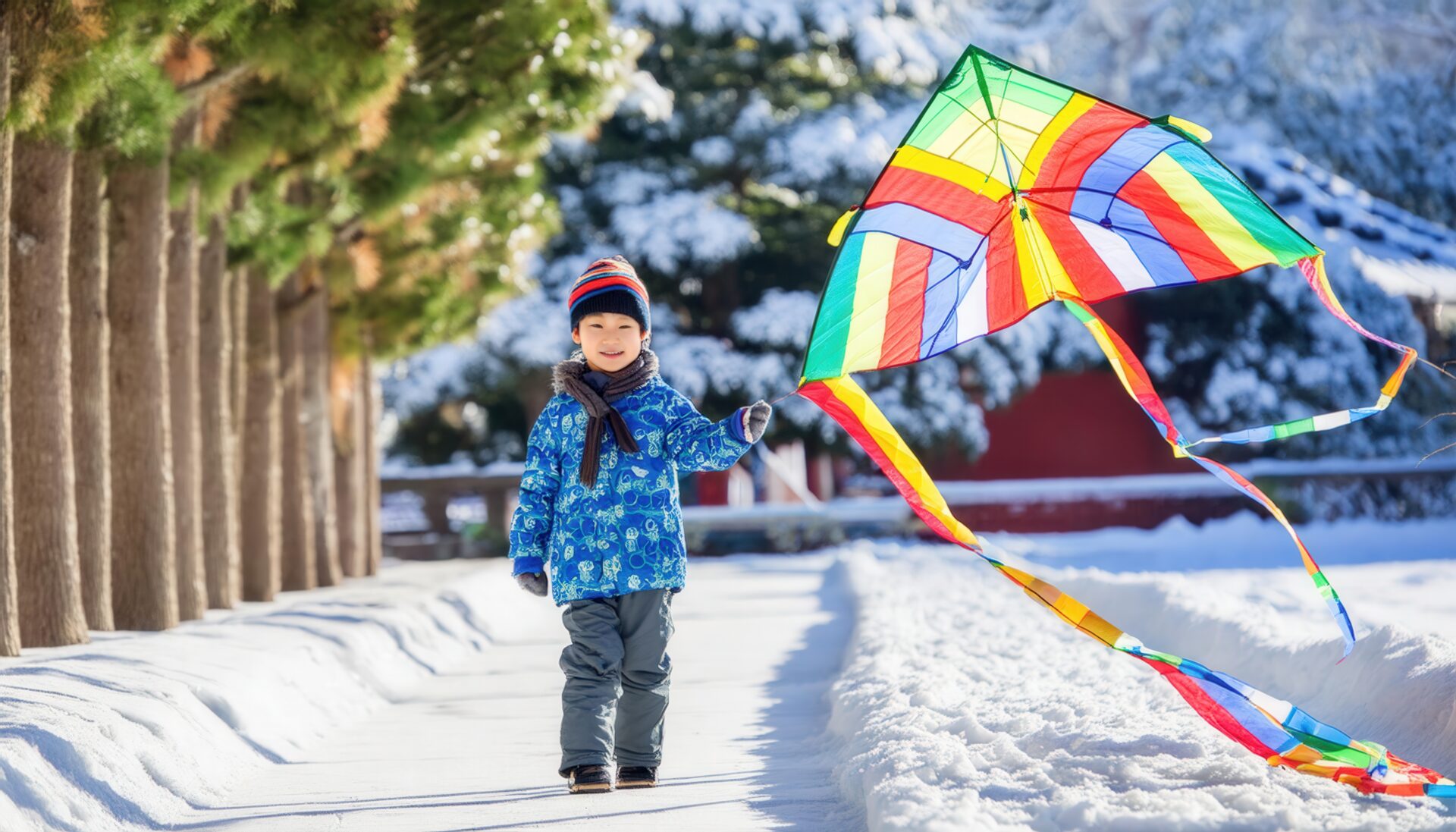雪の中を走る凧揚げをする男の子