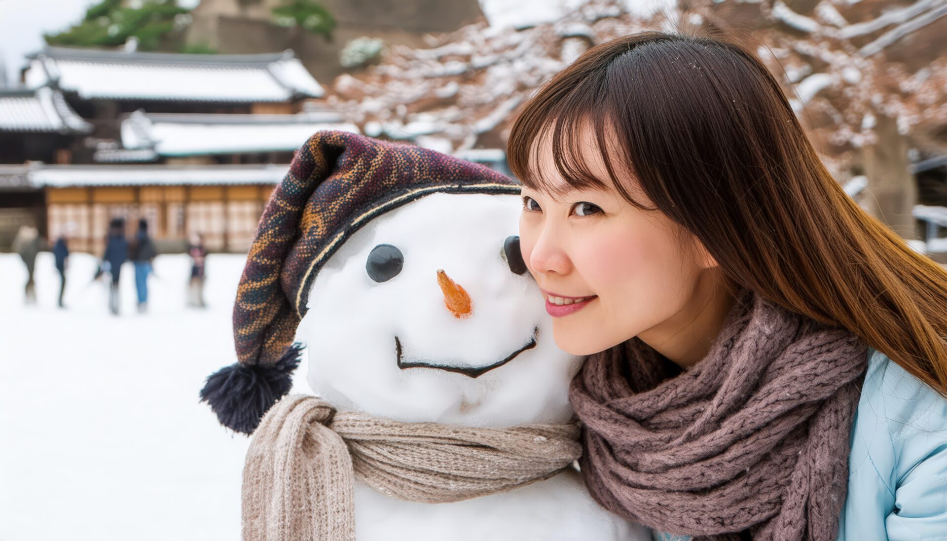 雪だるまと笑顔の女性