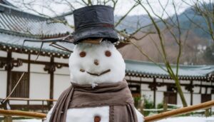 和風建築の前の雪だるま