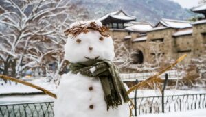 和風建築を背景にした雪だるま
