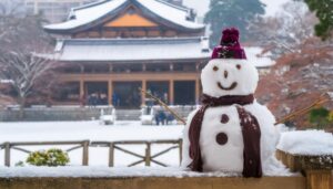 神社を背景にした雪だるま