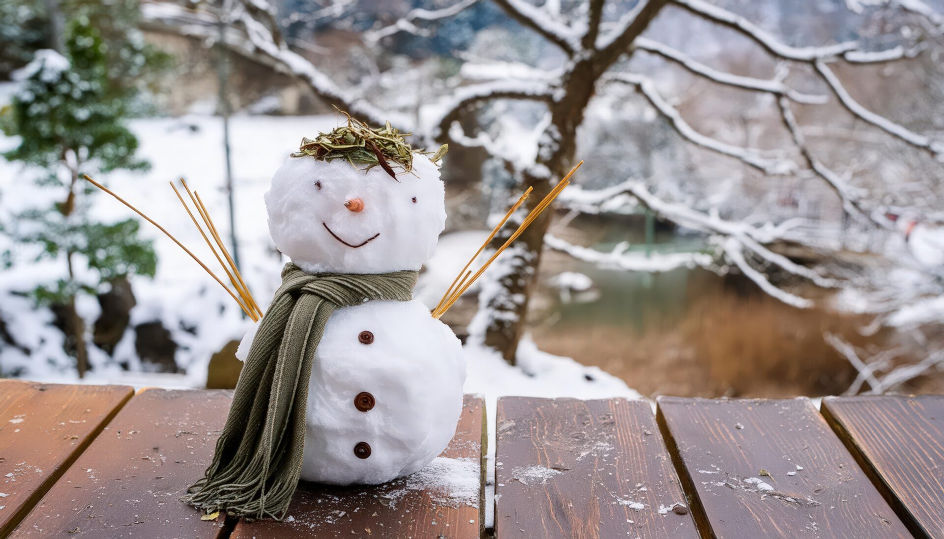 木製テーブル上のかわいらしい雪だるま