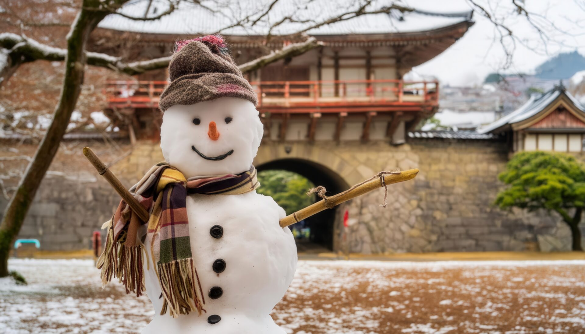 城跡の庭園に立つ雪だるま