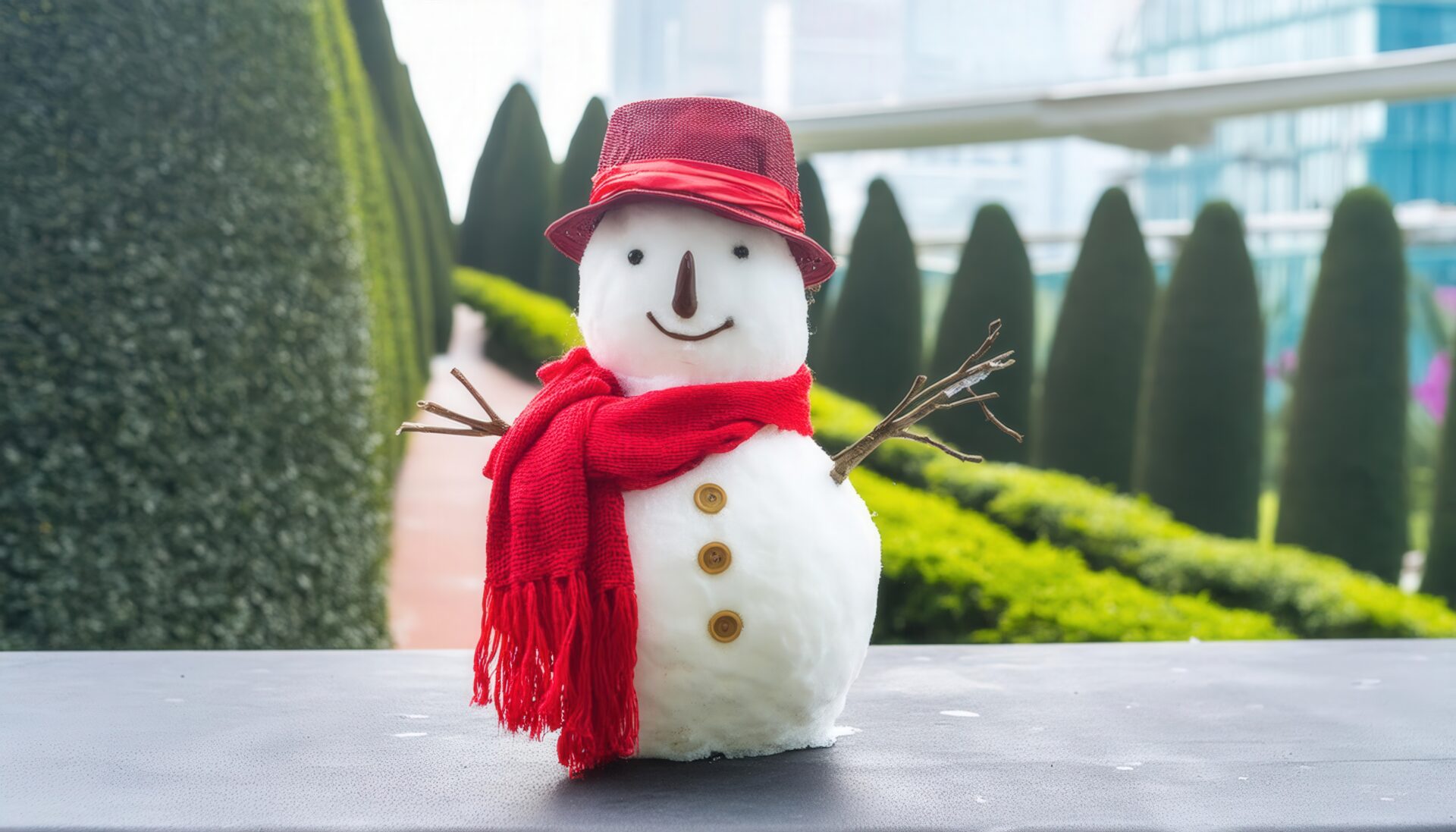 公園に飾られた赤い帽子の雪だるま