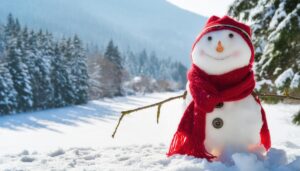 森に囲まれた雪原の上の雪だるま