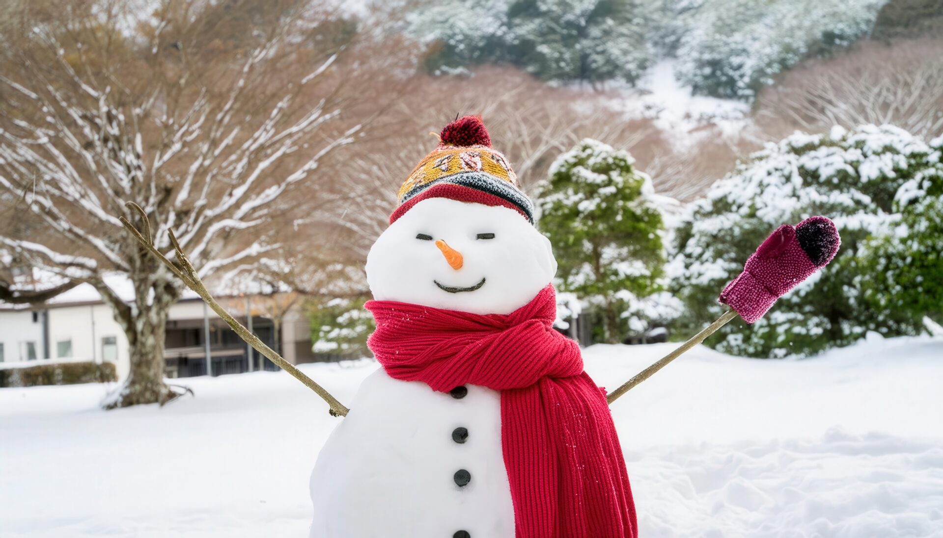 庭の雪だるまと冬景色