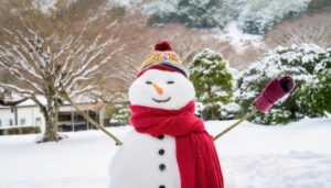 庭の雪だるまと冬景色