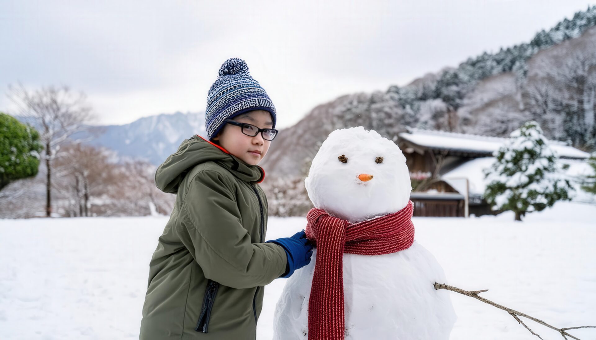 雪だるまと少年の記念写真