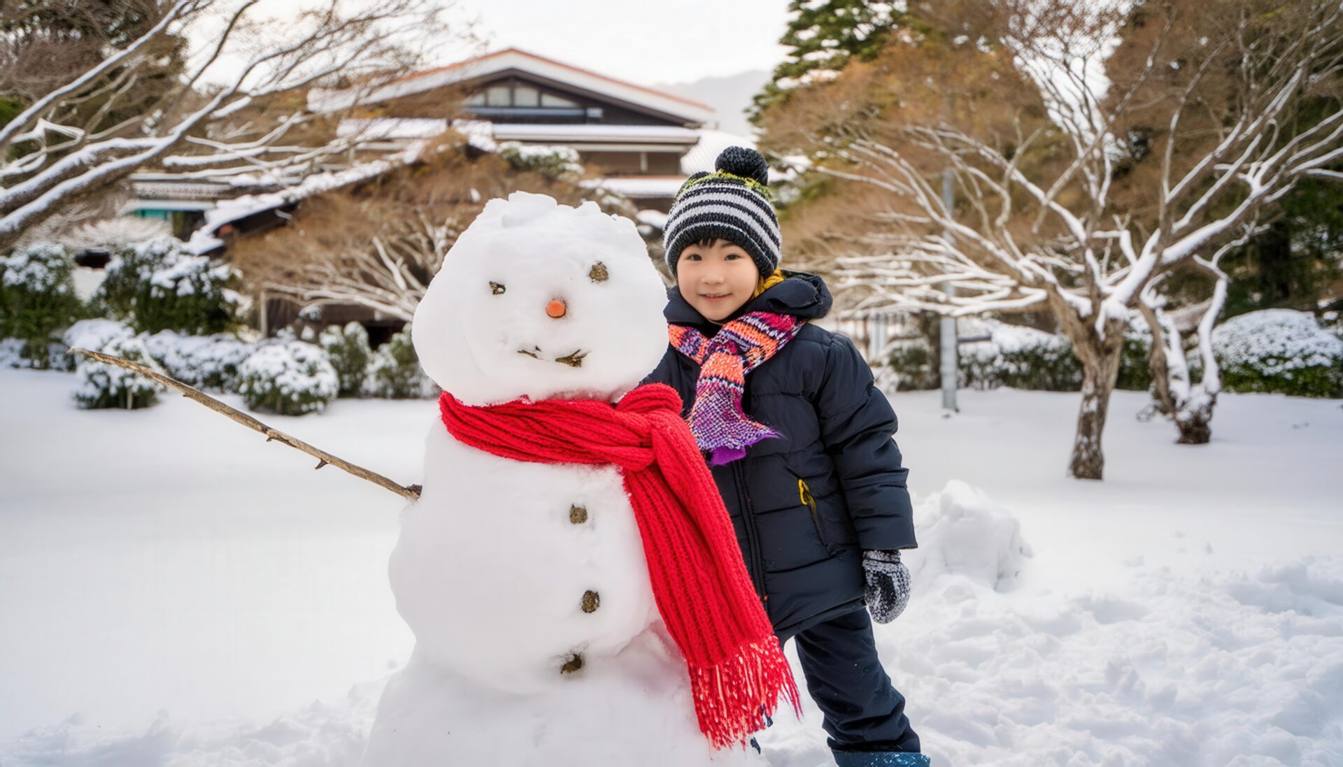 雪だるまと楽しむ子供