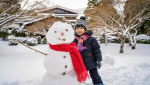 雪だるまと楽しむ子供