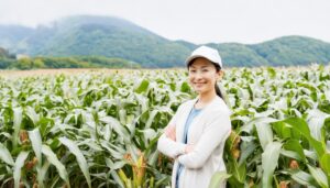 農場で笑顔を見せる女性農家