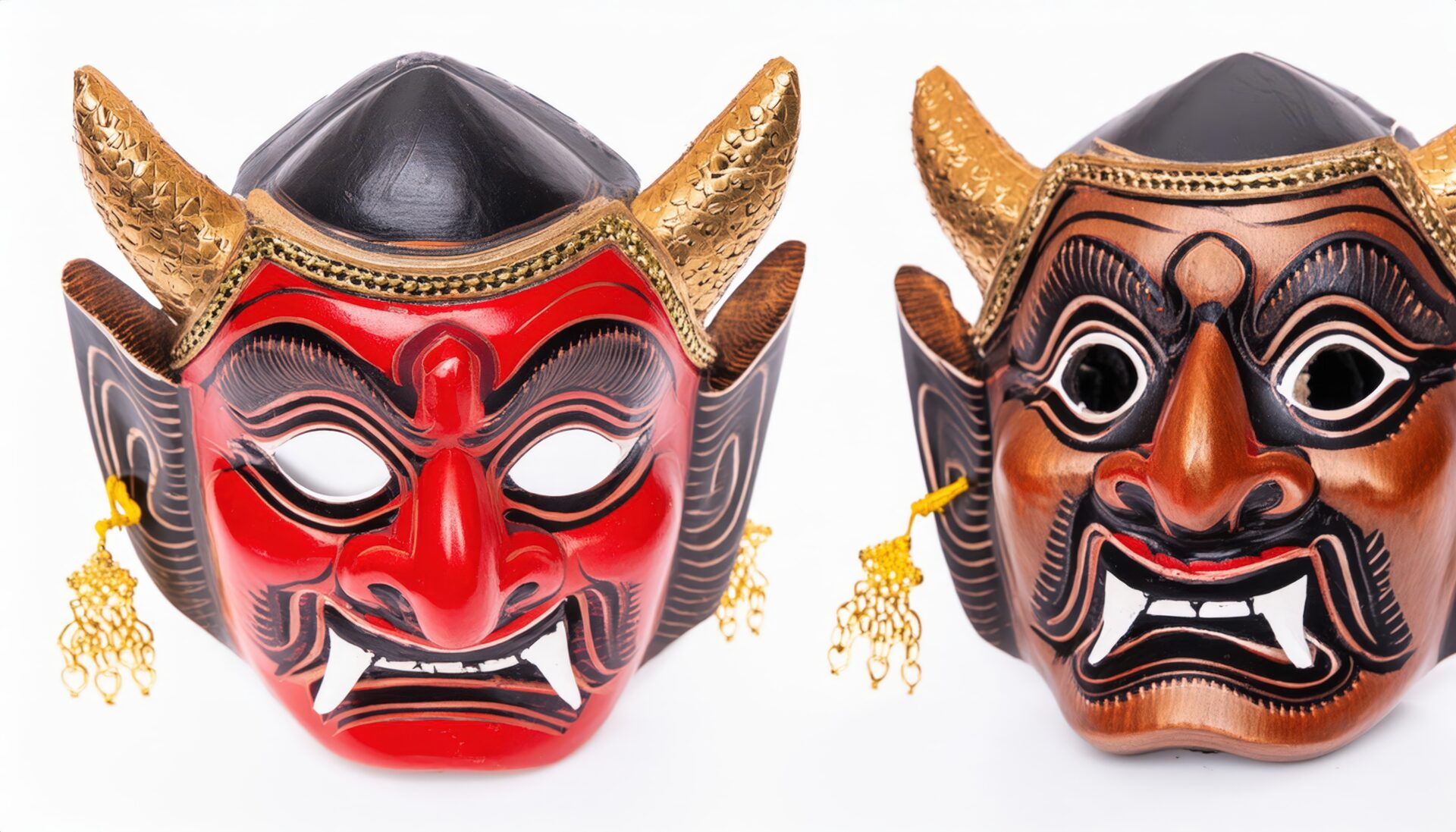 豪華な装飾の赤鬼と黒鬼のお面