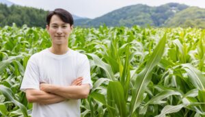 トウモロコシ畑でポーズを取る男性農家