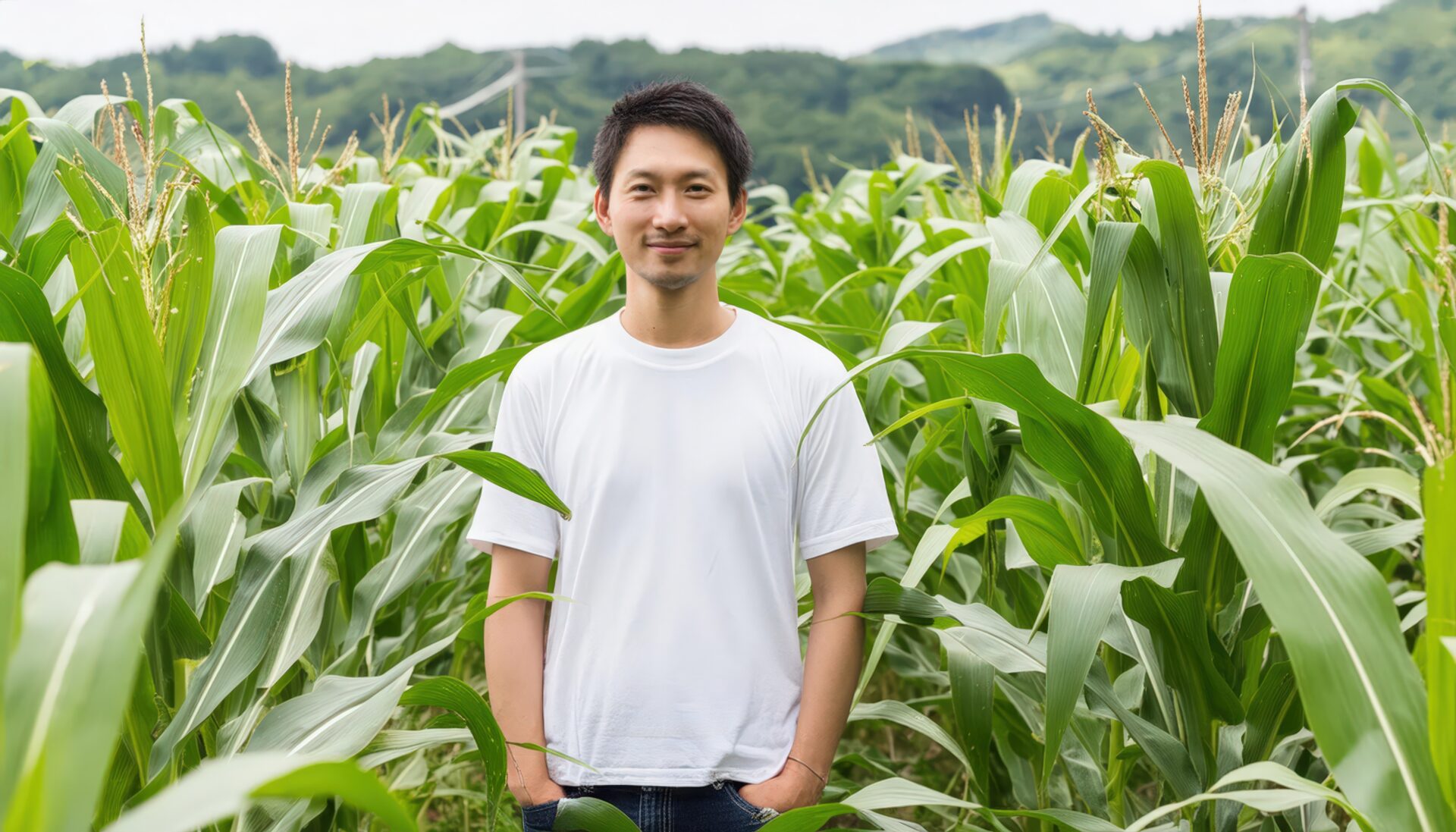 トウモロコシ畑で立つ若い男性農業従事者