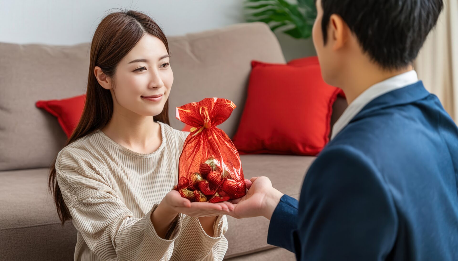 赤いギフトバッグを渡す女性