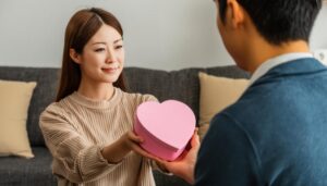 ピンクのハート型ギフトボックスを渡す