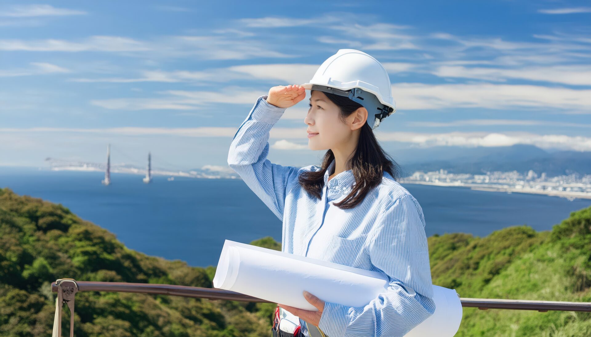 海辺の現場で作業する女性建築エンジニア