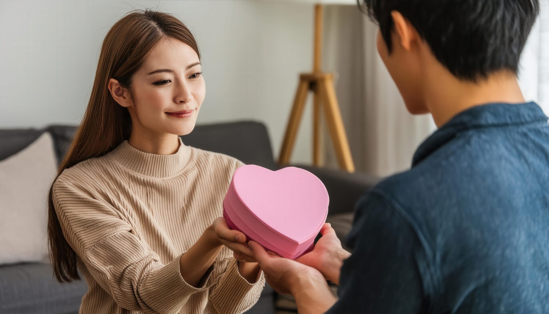 ピンクのボックスを交換するカップル