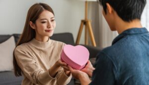 ピンクのボックスを交換するカップル