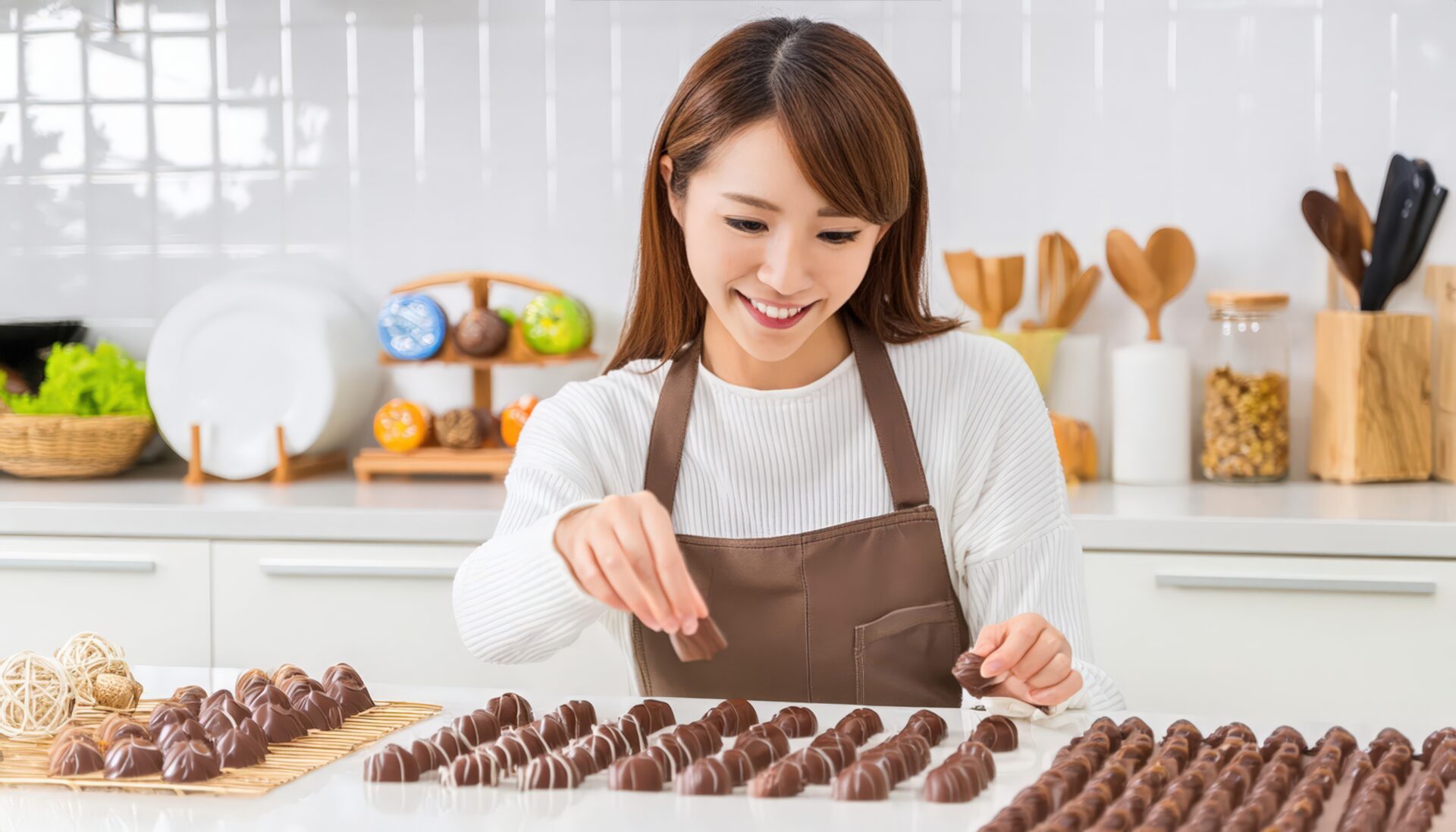 チョコレートを並べるエプロン姿の女性