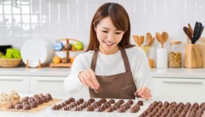 チョコレートを並べるエプロン姿の女性