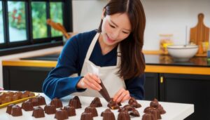 チョコレートにデコレーションを施すエプロン姿の女性
