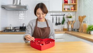 ハート型ボックスにチョコレートを詰める女性