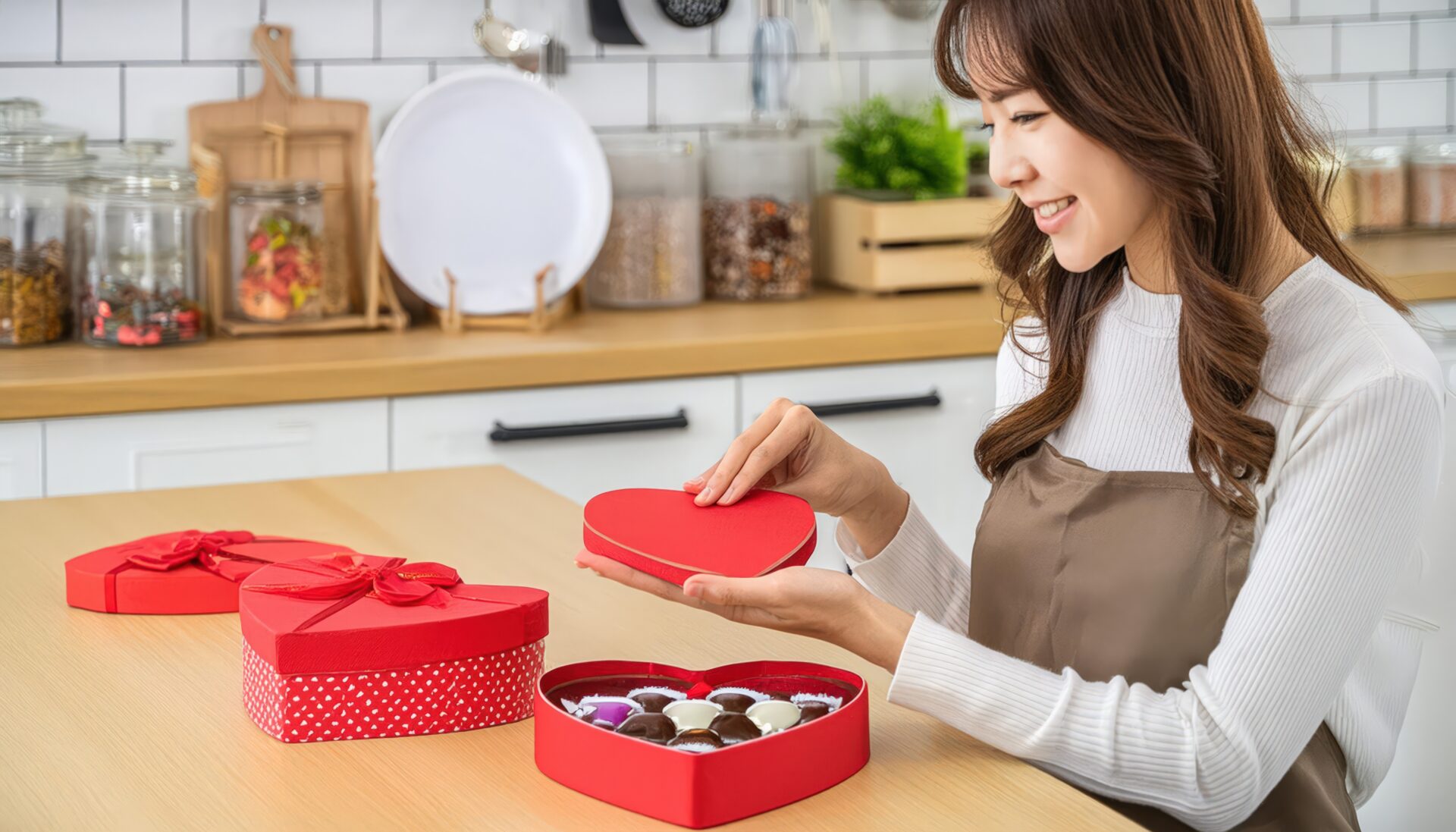 ハート型の赤いボックスを開けるエプロン姿の女性