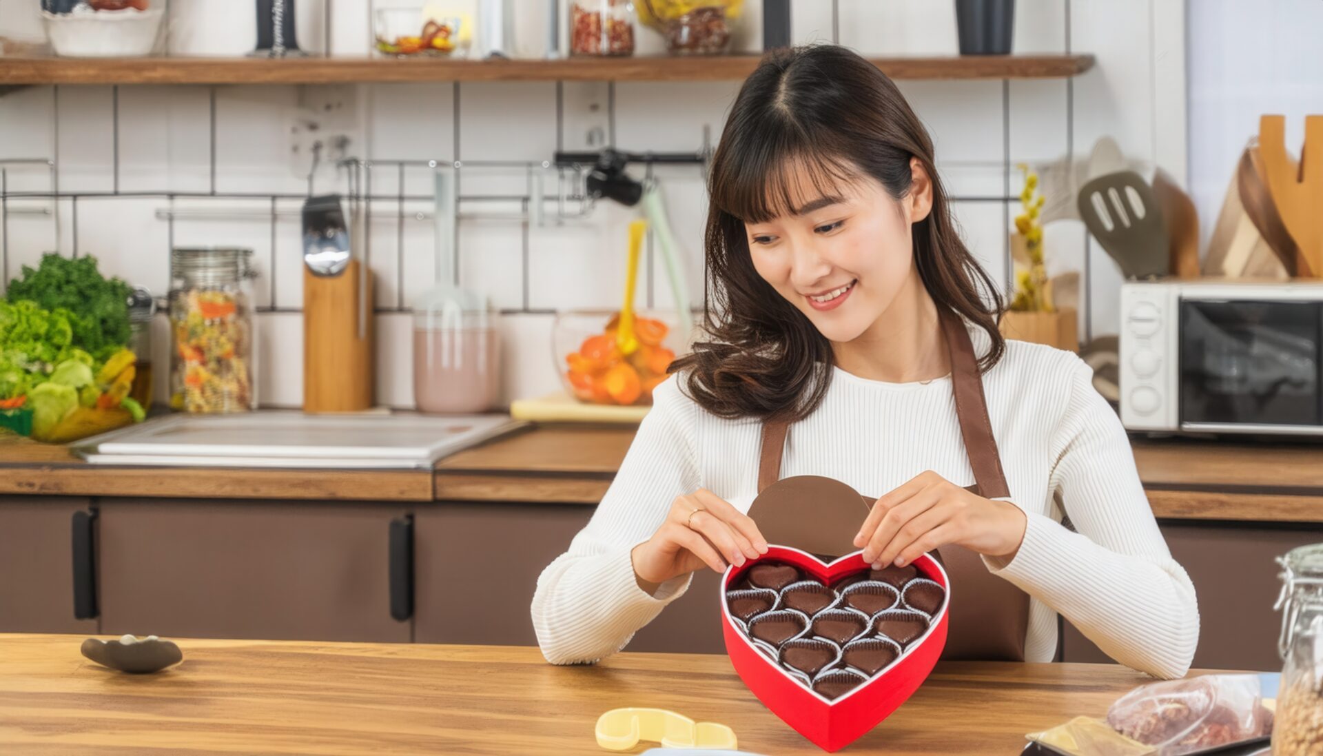 ハート型ボックスを手に持つエプロン姿の女性