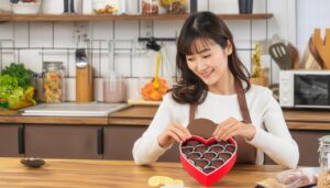 ハート型ボックスを手に持つエプロン姿の女性