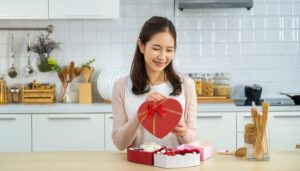 チョコレートを詰めたハート型ボックスを見つめる女性