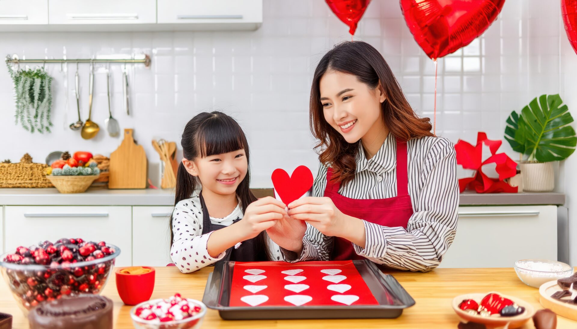 子供と赤いハートの飾りを持つエプロン姿の女性