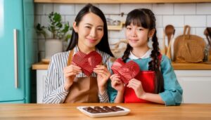 親子でハート型のギフトボックスを持つ女性と子供