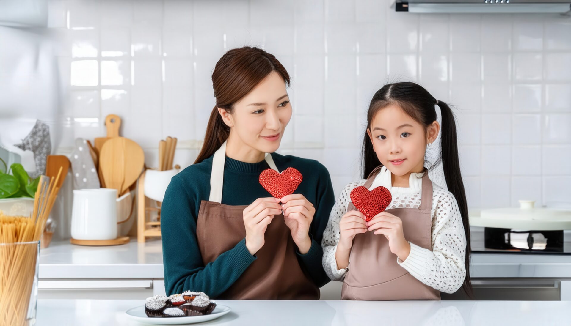 親子で赤いハートの飾りを見せるエプロン姿の女性と子供