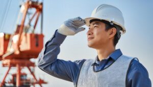 工事現場で空を見上げる男性作業員