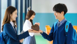 チョコレートを受け取る男子学生