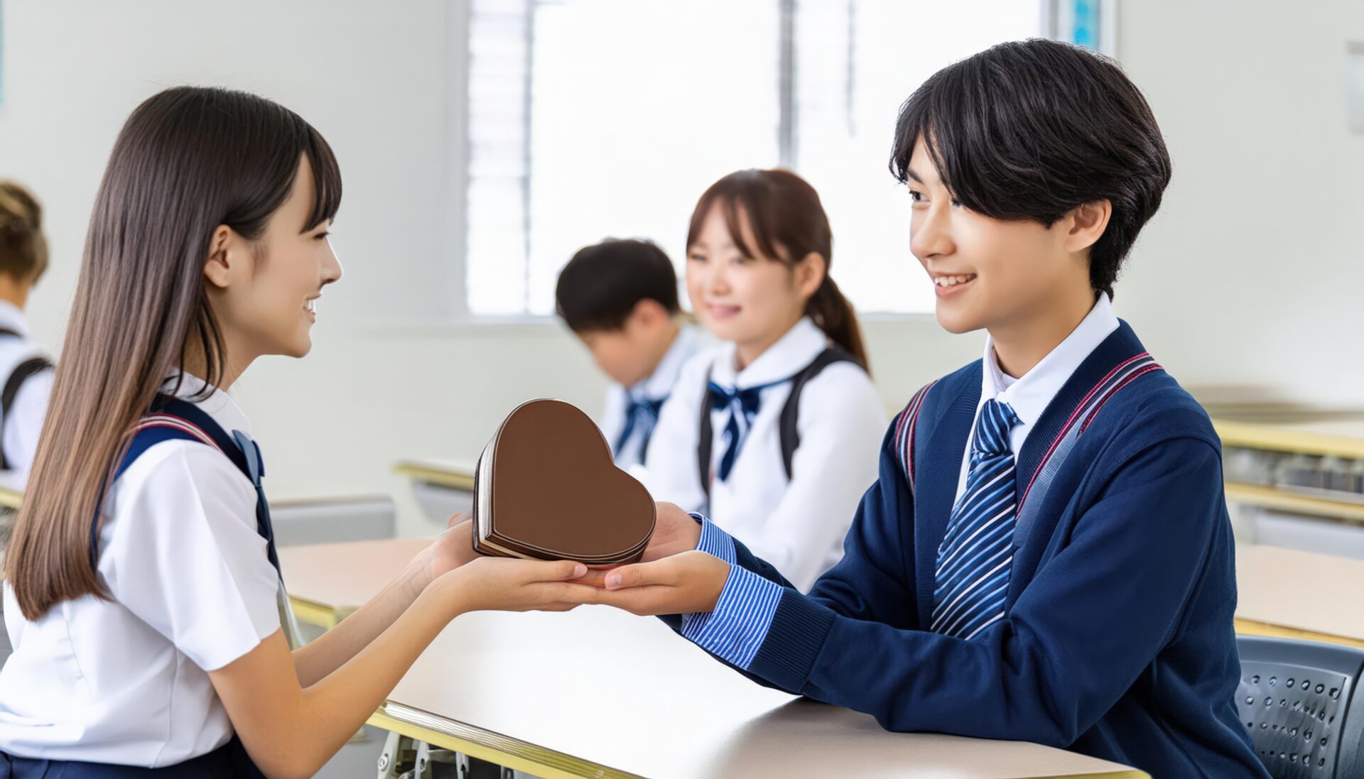 教室でハート型のチョコレートを渡す女子学生