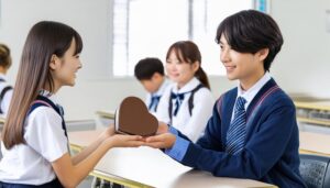 教室でハート型のチョコレートを渡す女子学生