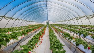 イチゴが並ぶビニールハウスの内部